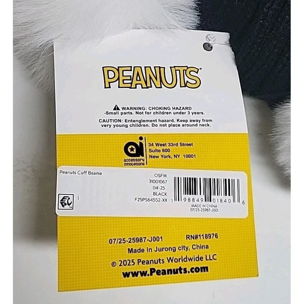 New Peanuts Snoopy Woodstock‎ Beanie Pom Pom Red Cuff Black Knit Winter Hat Kid